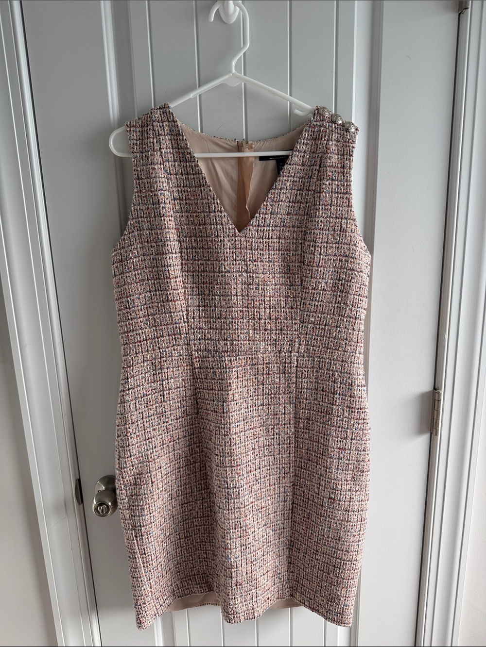 White House Black Market Pink Tweed V-Neck Midi Dress